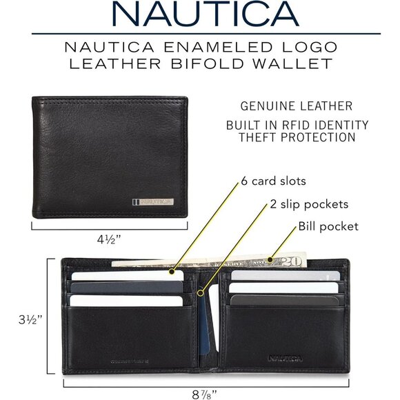 Nautica Men's Bifold Leather Wallet Enameled Logo RFID Blocking ID Window Card - Picture 7 of 7